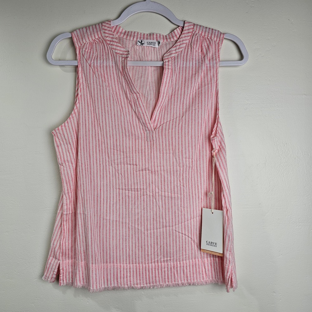 Carve Designs Dylan Tank Women XS Pink‎ Milos Stripe Sleeveless Raw Hem